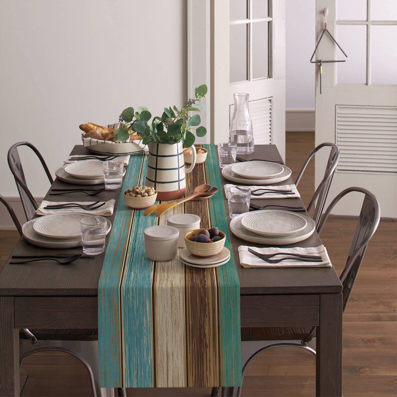 Vandarllin Farmhouse Table Runners 72 inches Long Retro Rustic Barn Wood&Teal Green Brown Turquoise Linen Burlap Rectangle Dresser Scarves Table Setting Decor for Wedding Party Holiday Coffee Dinner Home - Image 3